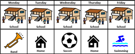 Weekday calendar showing student's weekly activites i.e. Band, Home, Soccer, Home, Swimming on Monday through to Friday respectively